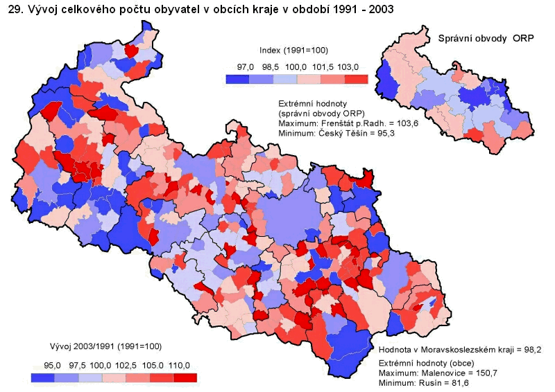 Kartogram 29. Vývoj celkového počtu obyvatel v obcích kraje v období 1991 – 2003